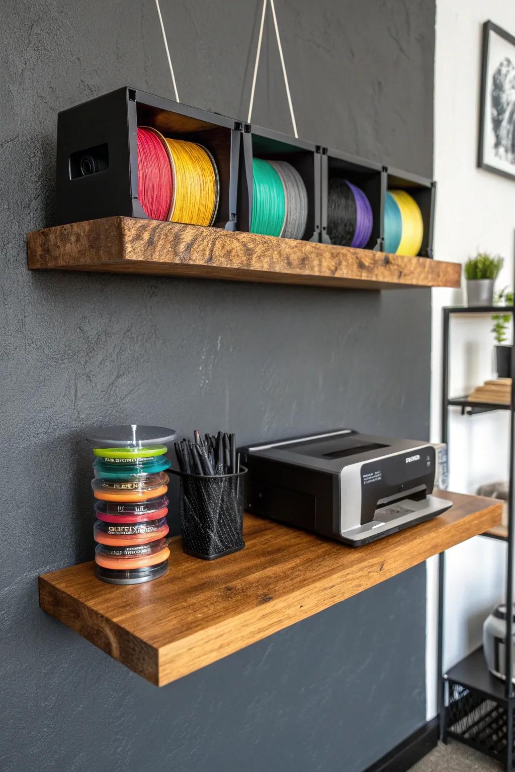 Amplify your area with elegant, modern wall-mounted shelves—perfect for displaying your Digital Fabricator and accessories with flair.