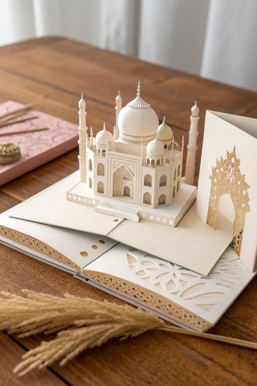 Surprise and enchant with a handcrafted 3D pop-up card of the Taj Mahal – where artistry meets heartfelt sentiment.