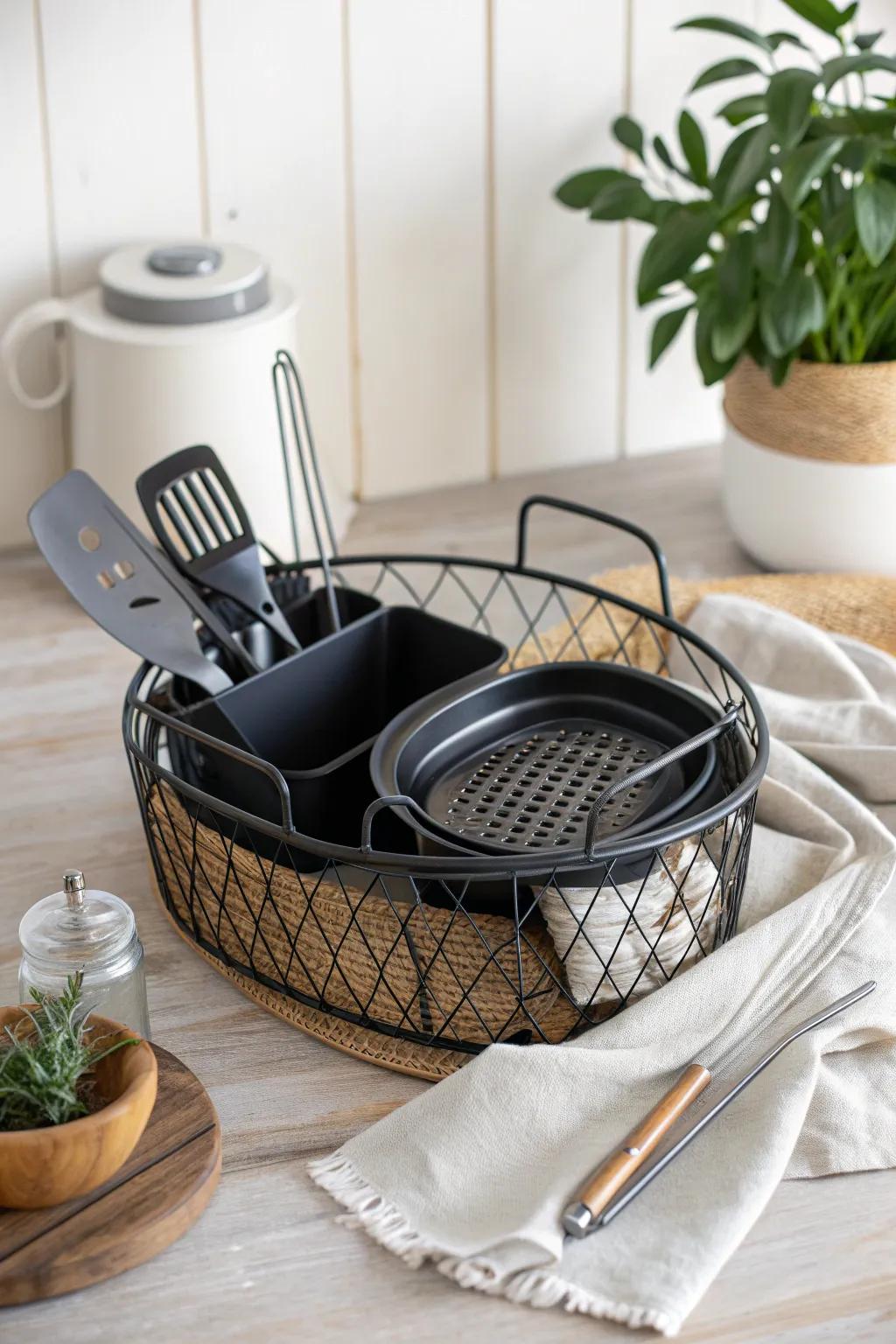 Enhance your air frying prowess with these essential tools—stylishly arranged for the minimalist kitchen!