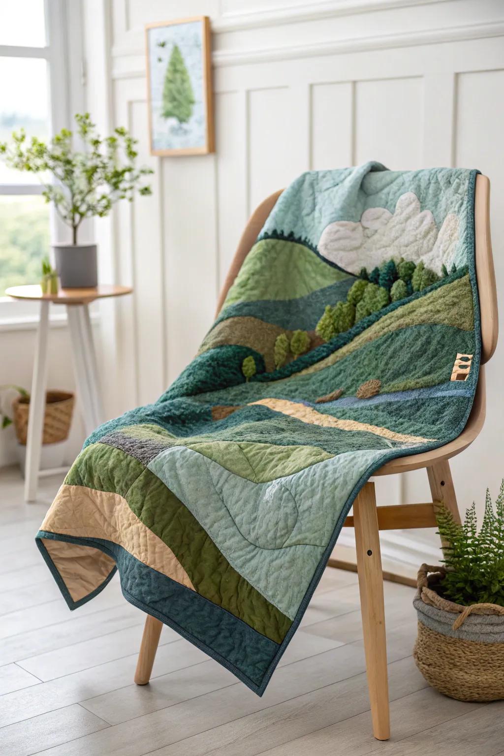 Transform your space with the calming beauty of nature, immortalized in an art quilt masterpiece.