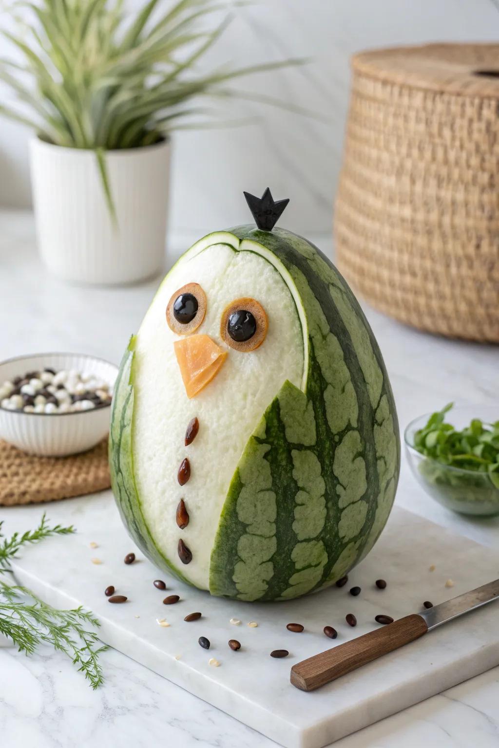 A whimsical tropical fruit penguin, sure to enchant your guests!