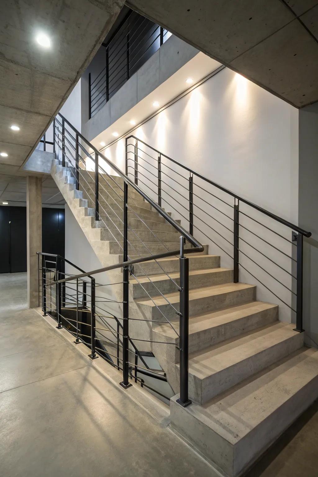 Steel railings offer an uncluttered, contemporary aesthetic perfect for modern basements.