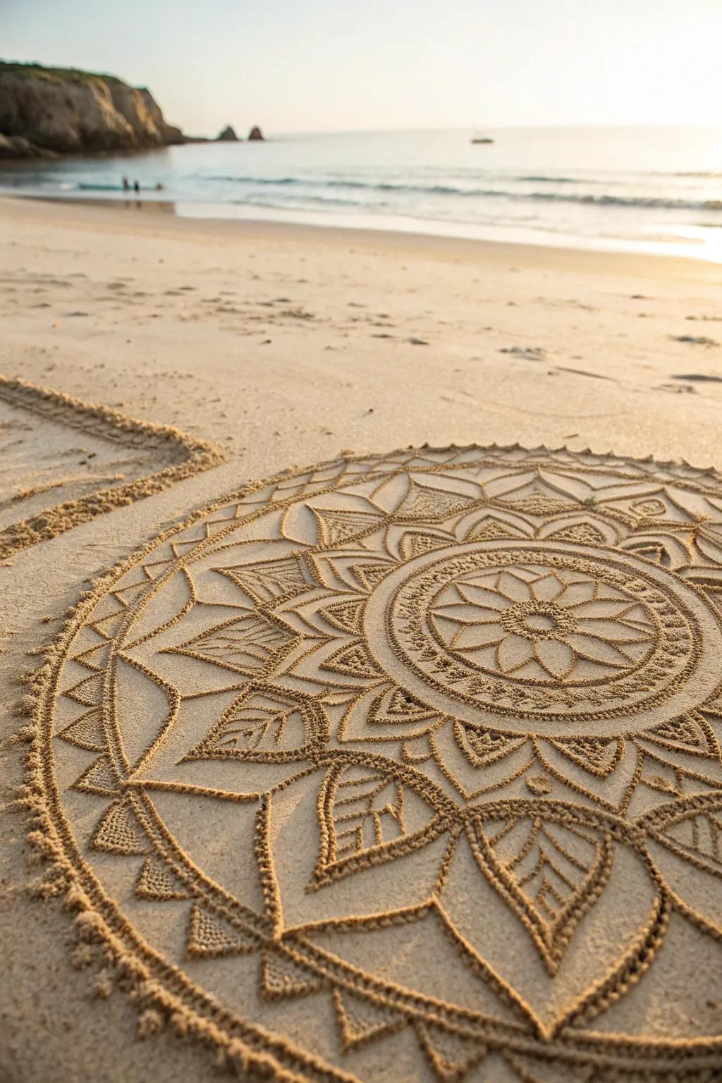 Immerse yourself in tranquility with this breathtaking mandala in the sand, where artistic expression meets the rhythm of the sea.
