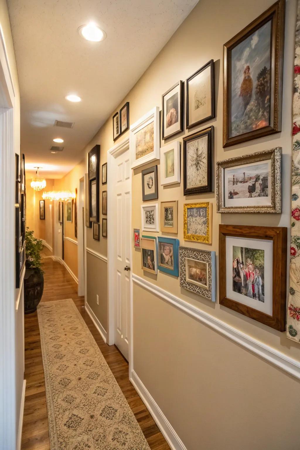 A hallway is artistically decorated with a mix of frames and art pieces.