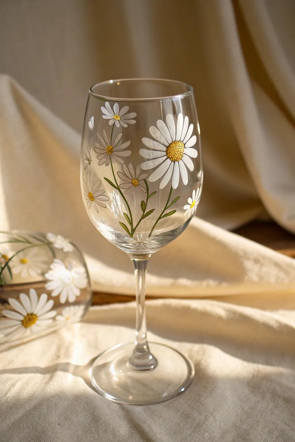 Savor the allure of simplicity with captivating bloom designs adorning your wine glass.
