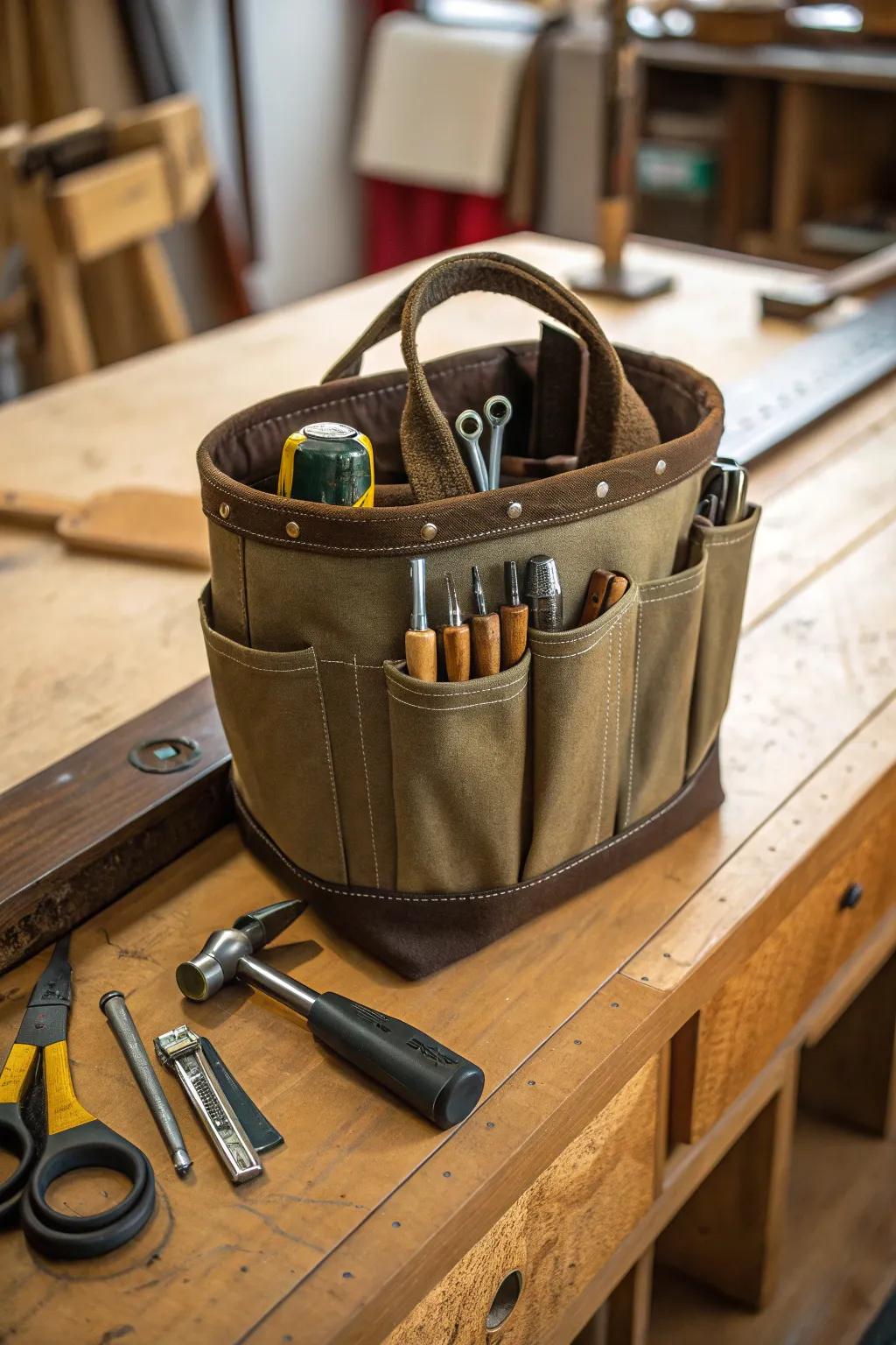 Enhance your workshop with the enduring allure and utility of a classic canvas wrap bucket tool organizer.