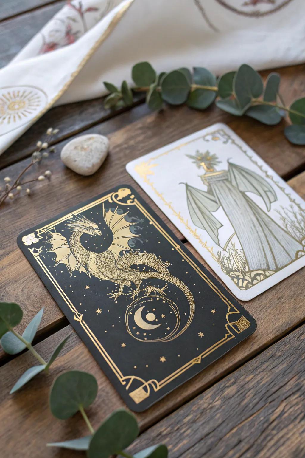 Immerse yourself in a magical universe with this intricately designed fantasy card, where dragons and enchanters awaken in your grasp.