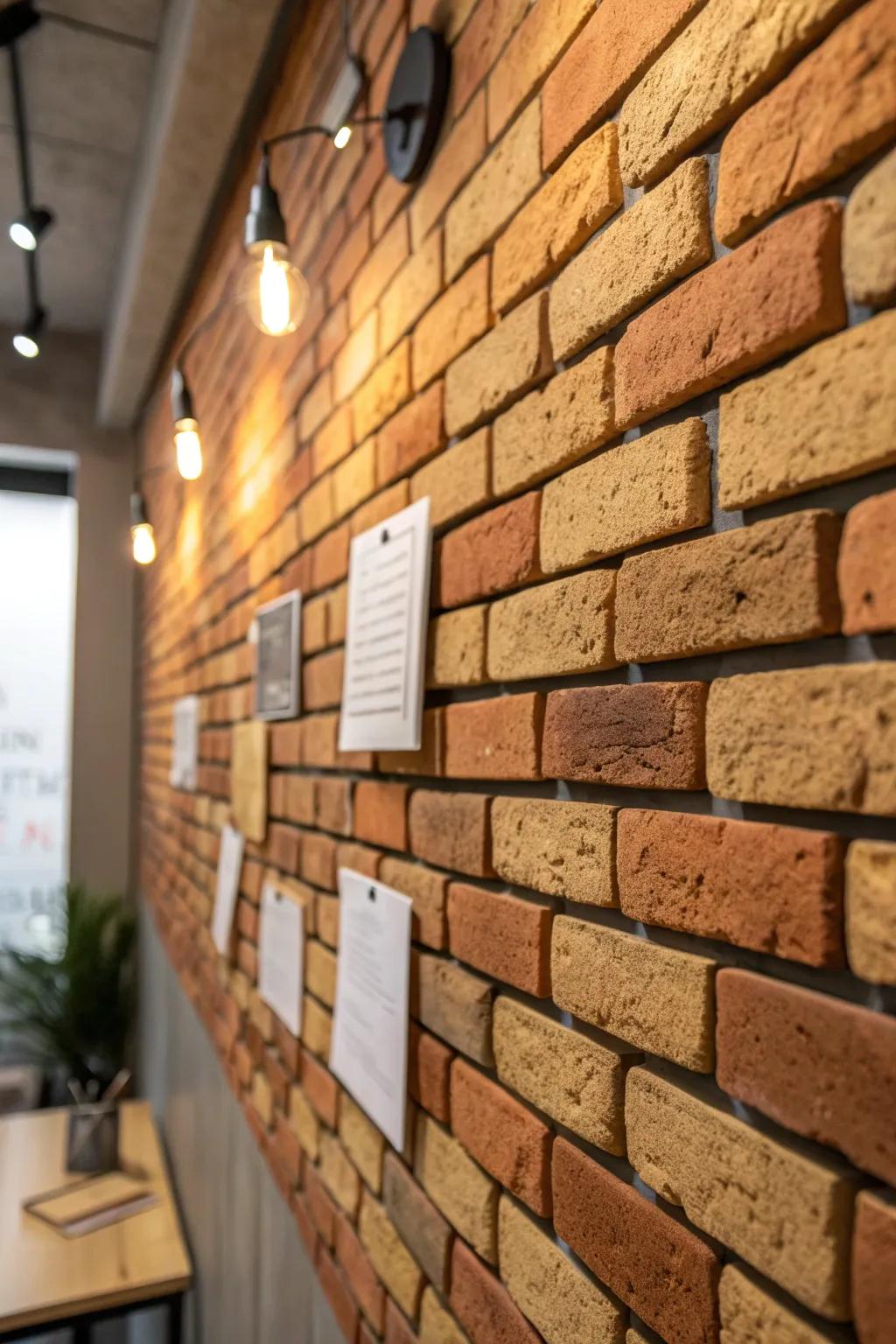 Transform your space with the rustic charm of a brick-patterned bulletin board.