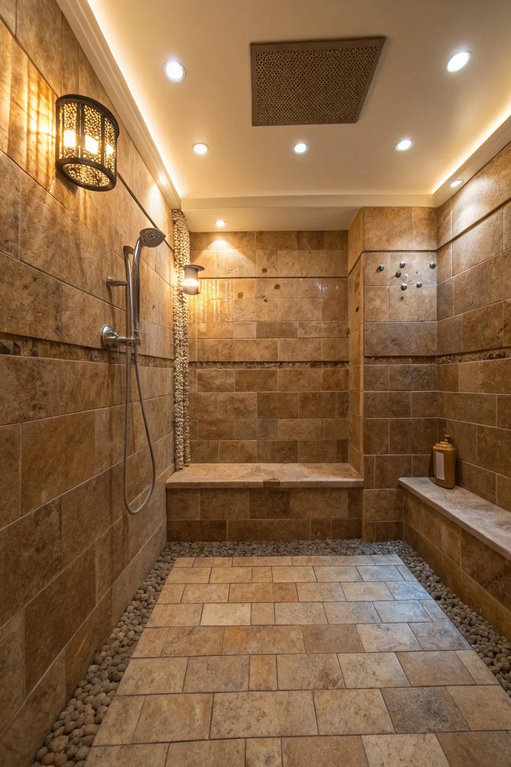Real rock tiling in chocolate shades fashions an alluring and earthy shower haven.