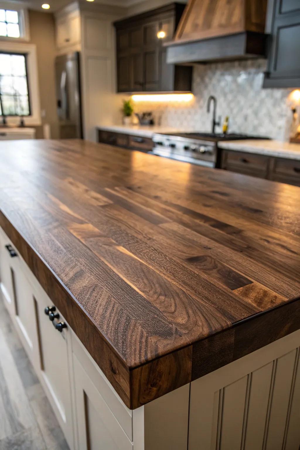 Embrace enduring beauty with a shadowy walnut butcher block, a fusion of contemporary flair and countryside allure.