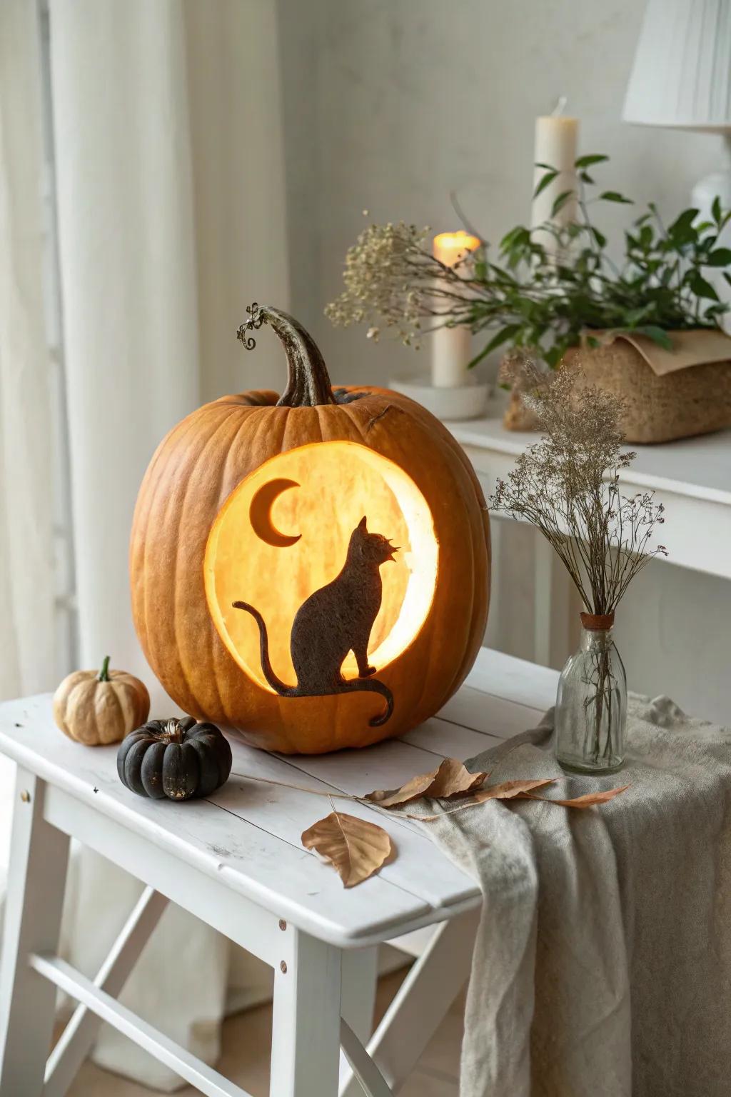 Enliven your area with a whimsical cat form pumpkin, ideal for a snug, minimalist Halloween!