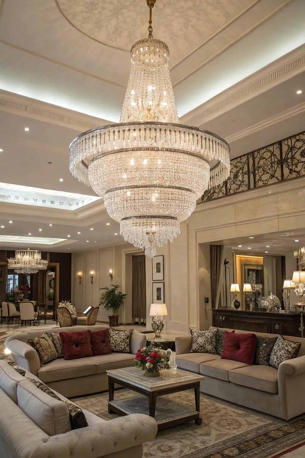 A graceful living area showcases a grandiose faceted chandelier as its core feature.