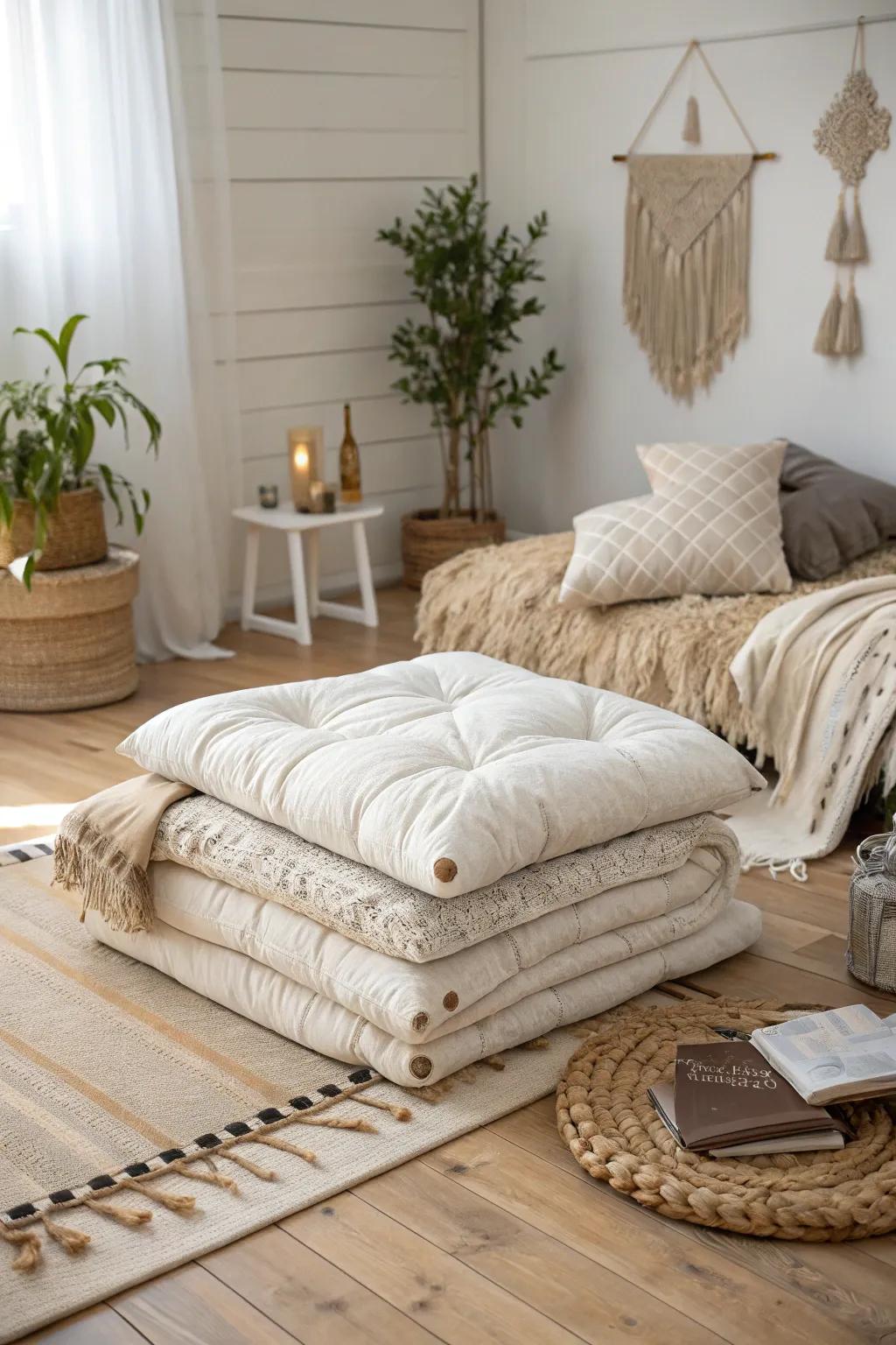Transform your living space into a tranquil sleepover retreat with inviting ground beds and a hint of Nordic allure.