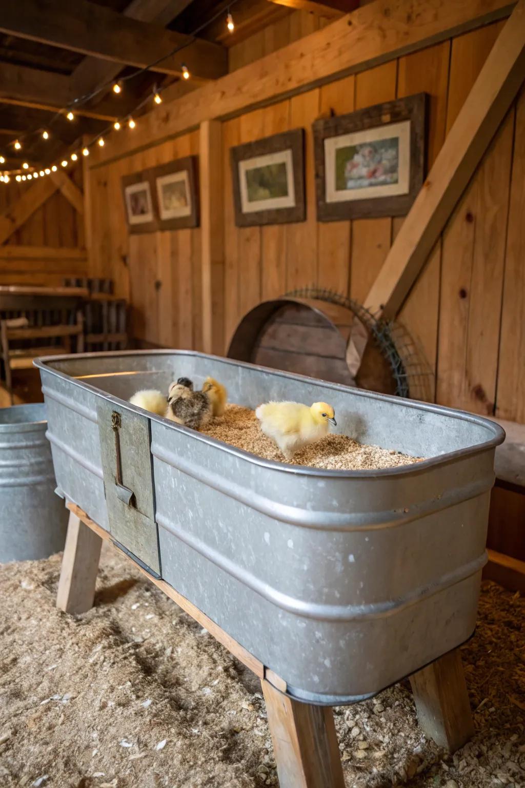 Practicality meets craftsmanship: A metal water container transformed into a brooder for your little flock.
