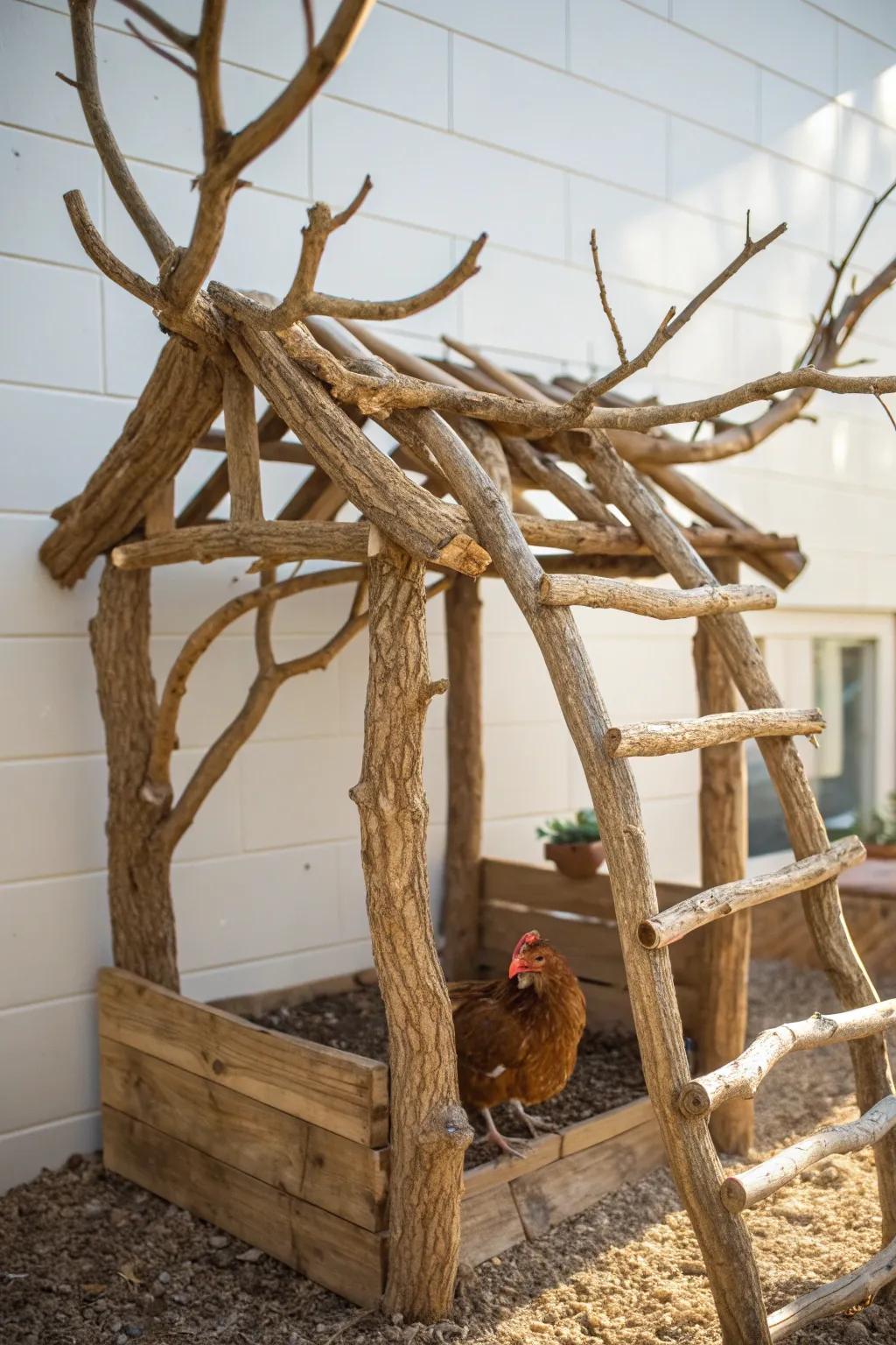 Savor the unrefined charm of handmade organic branch perches, integrating the outdoors into your coop.