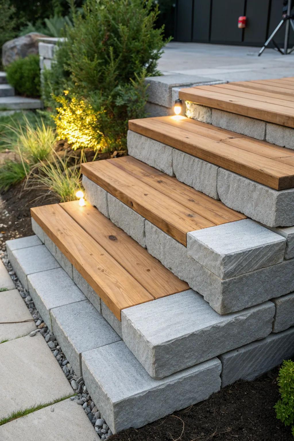 Enhance your garden's charm with these exquisitely designed foundation block and timber steps.