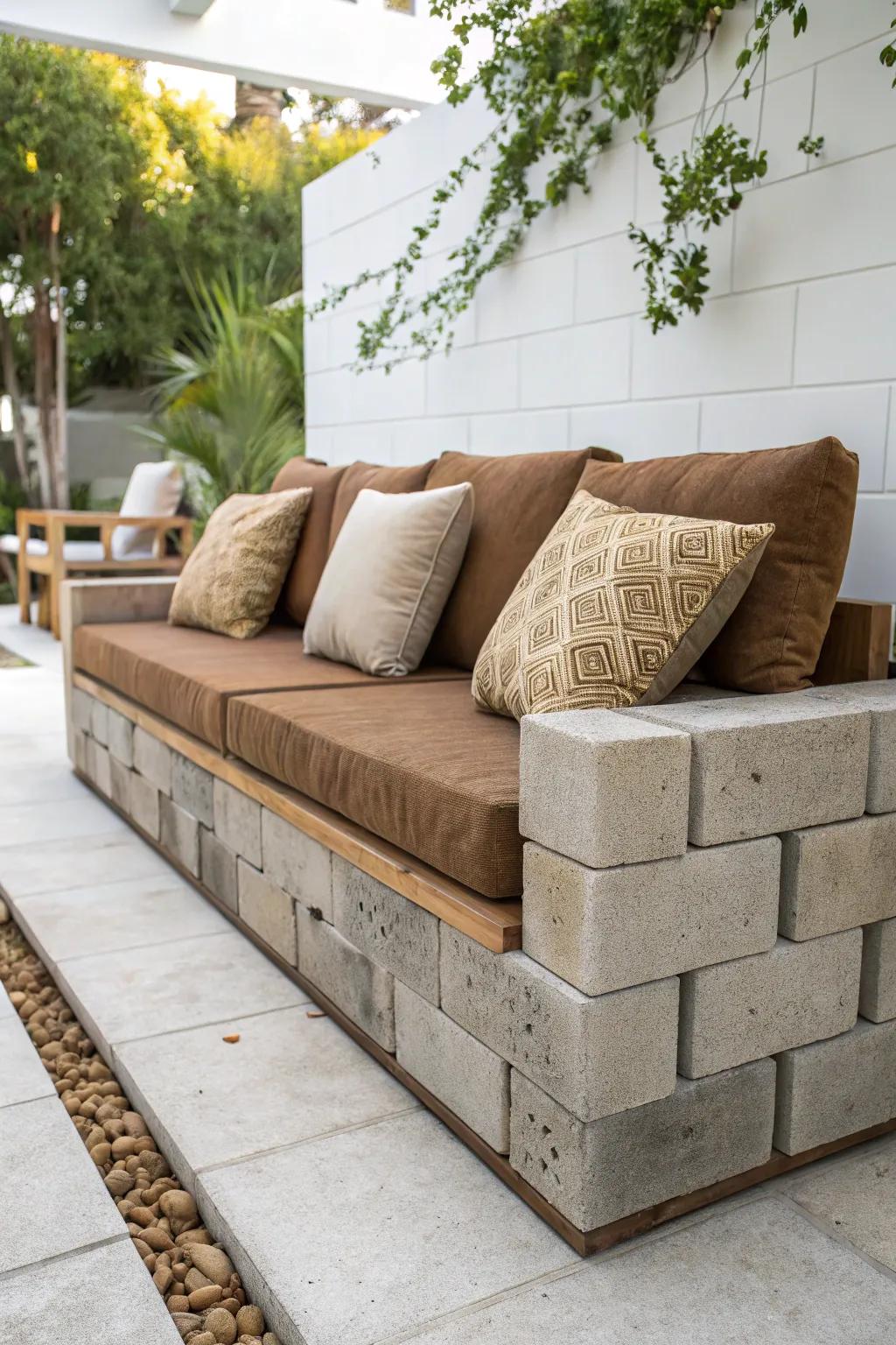 Enhance your patio with this stylish concrete block couch – a fusion of robust craftsmanship and welcoming relaxation.