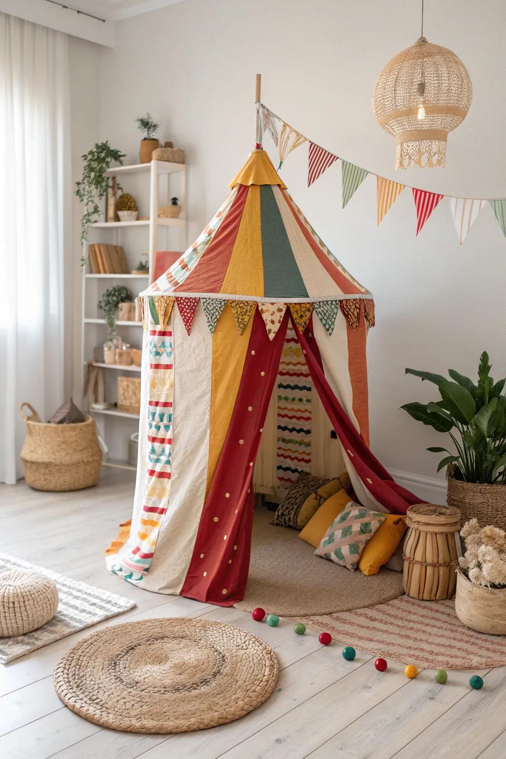 Welcome the enchantment of the circus into your abode with a lovingly handcrafted tent brimming with color and charm!