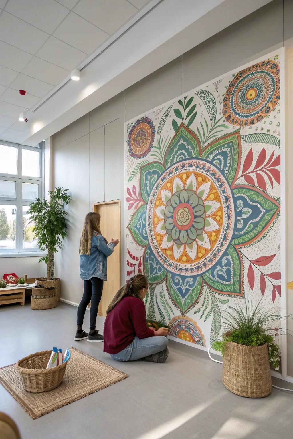 A tapestry of creativity: Students unite to create a stunning collaborative mural, bringing warmth and community spirit to the classroom.