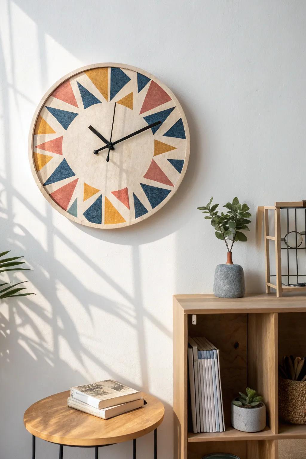 Redefine time through artistic geometric impressions upon your clock's visage—where uncomplicated design converges with imaginative expression.