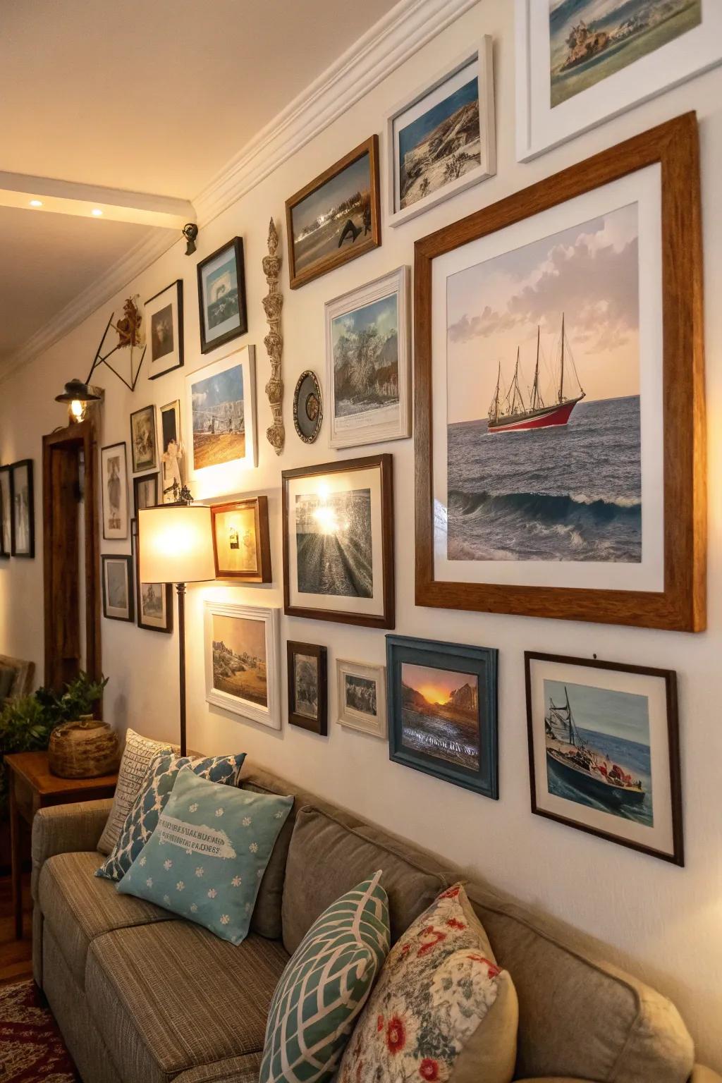 A maritime gallery wall can turn a plain space into an ocean-themed panorama.
