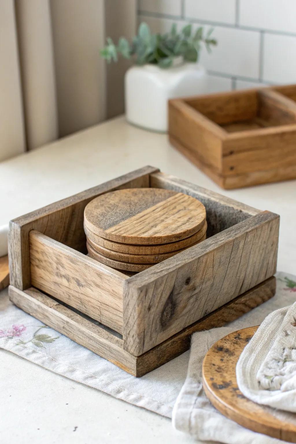 Celebrate homespun refinement with this delightful wooden coaster cradle, a seamless fusion of farmhouse coziness and minimalist design.