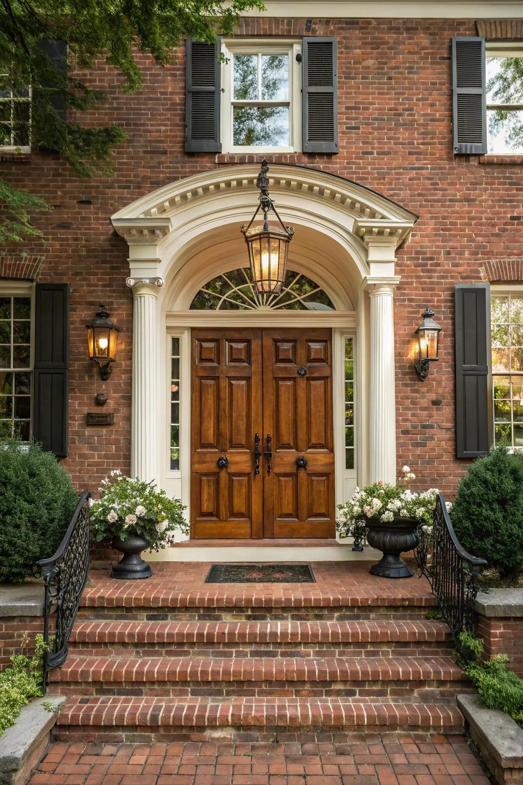 Paired doors present a symmetrical and striking entry to any colonial-inspired abode.