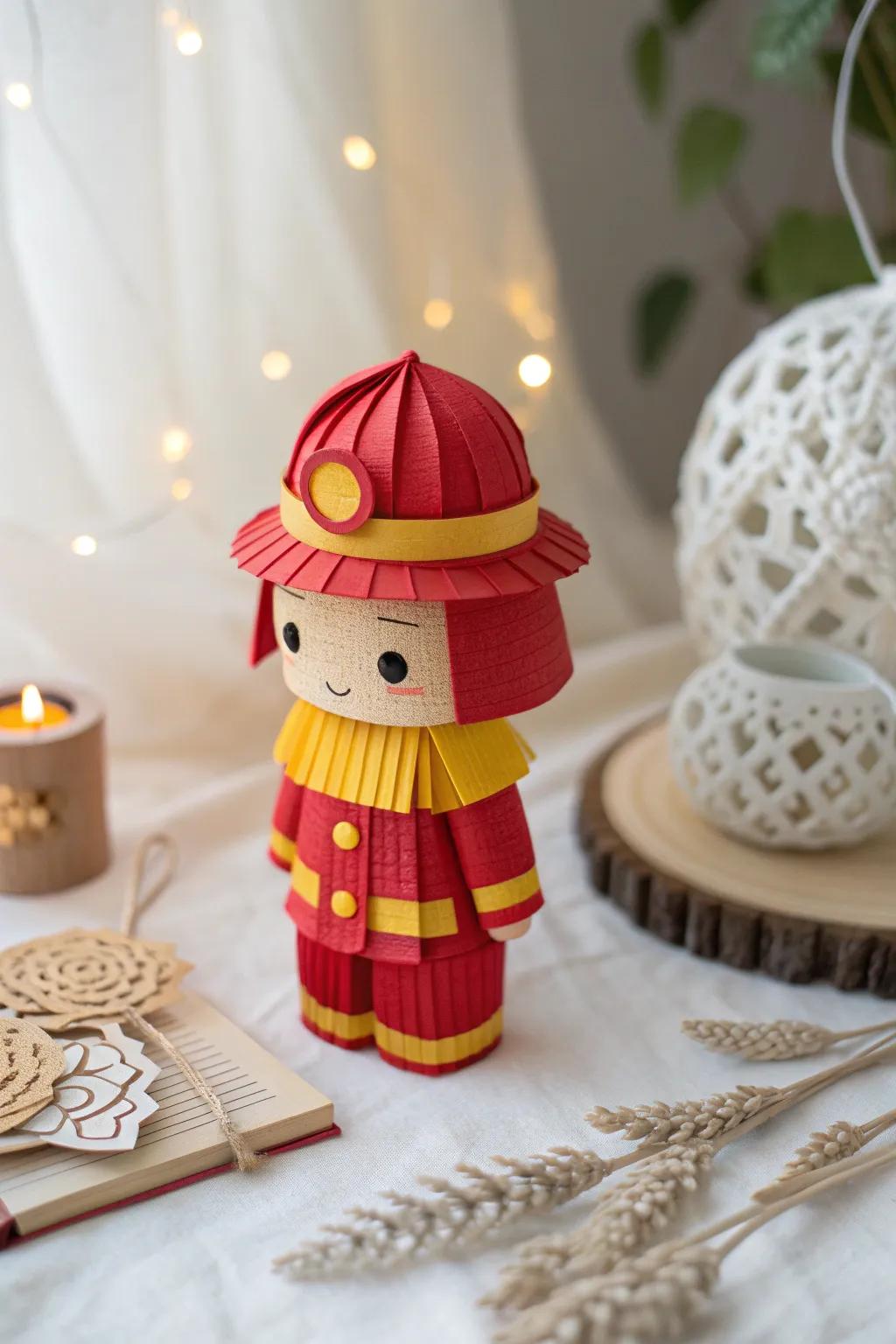 Celebrate artistic expression with this charming paper firefighter hero, highlighting the enchantment of handmade crafts.