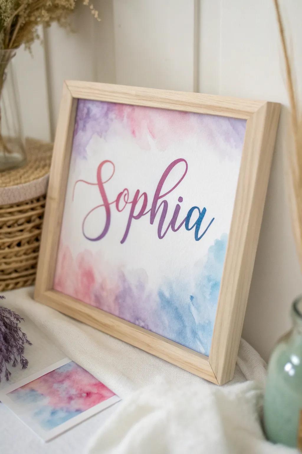 Immerse yourself in the tranquil sophistication of vibrant watercolour washes, epitomized by this minimalist name art marvel.