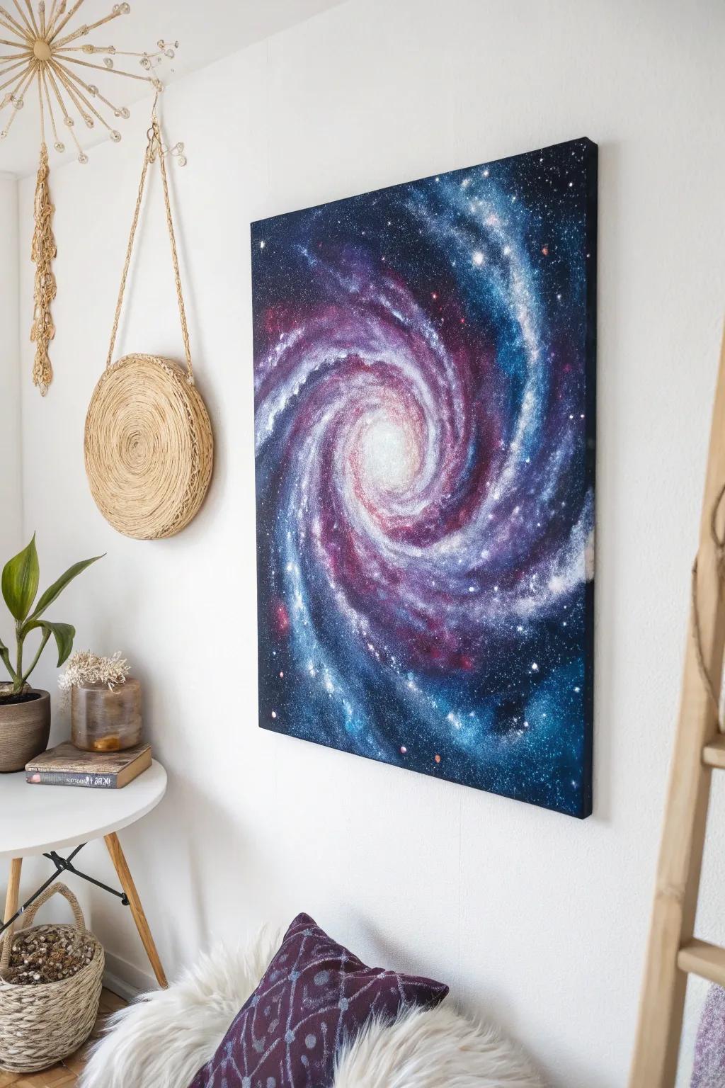 Invite the cosmos indoors with this captivating galaxy wall decor, blending simplicity with celestial allure.