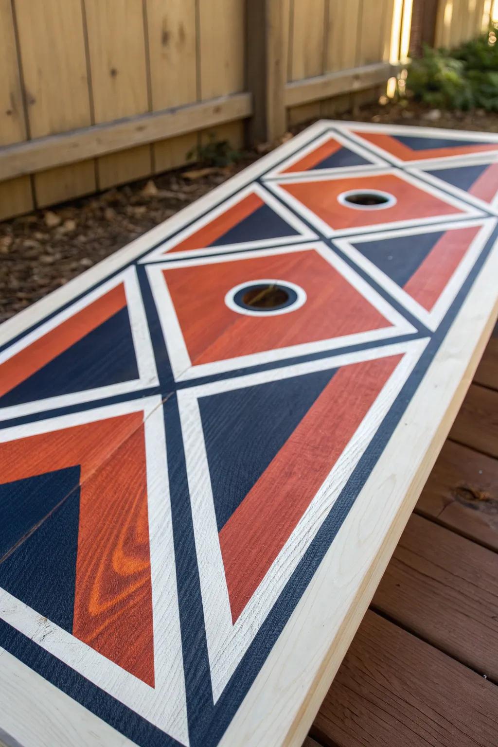 Revolutionize your cornhole matches with compelling geometric aesthetics that assert a striking vibe!