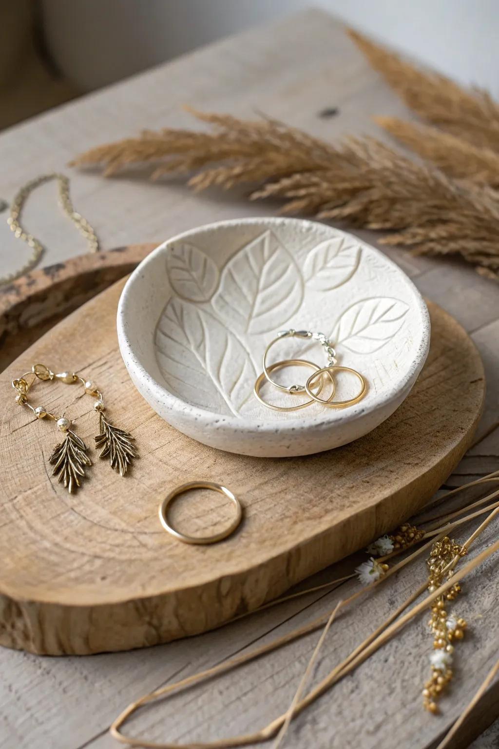Enhance your treasured items with a hint of nature: A botanical embossed holder merging simplicity with grace.