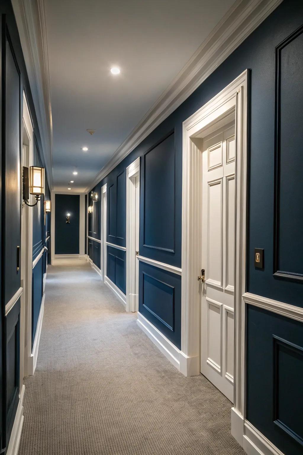 An audacious, enveloping corridor featuring deep azure walls, delivering a striking sensation.