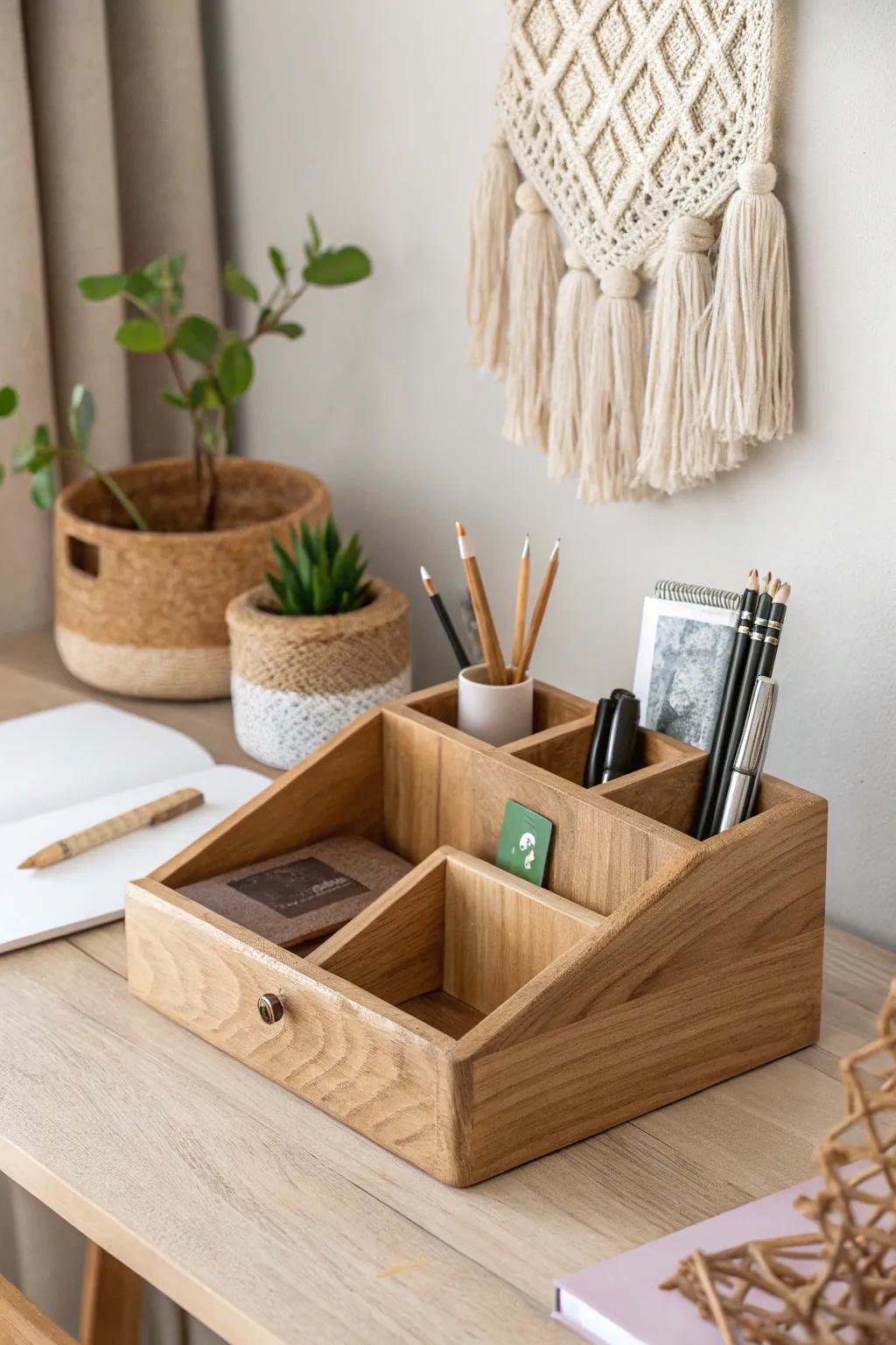 Revamp your workspace featuring this beautifully designed desk caddy, mixing practicality with Scandinavian charm.