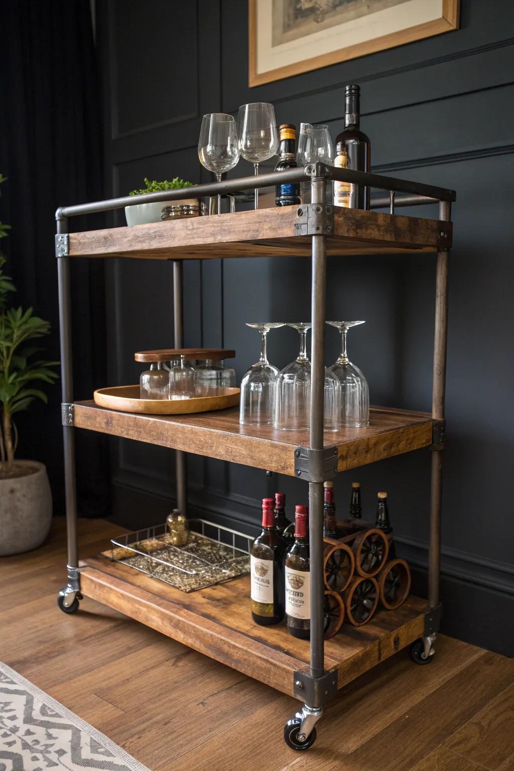 Transform your space with this DIY rustic drinks trolley, where bygone charm converges with industrial grace.