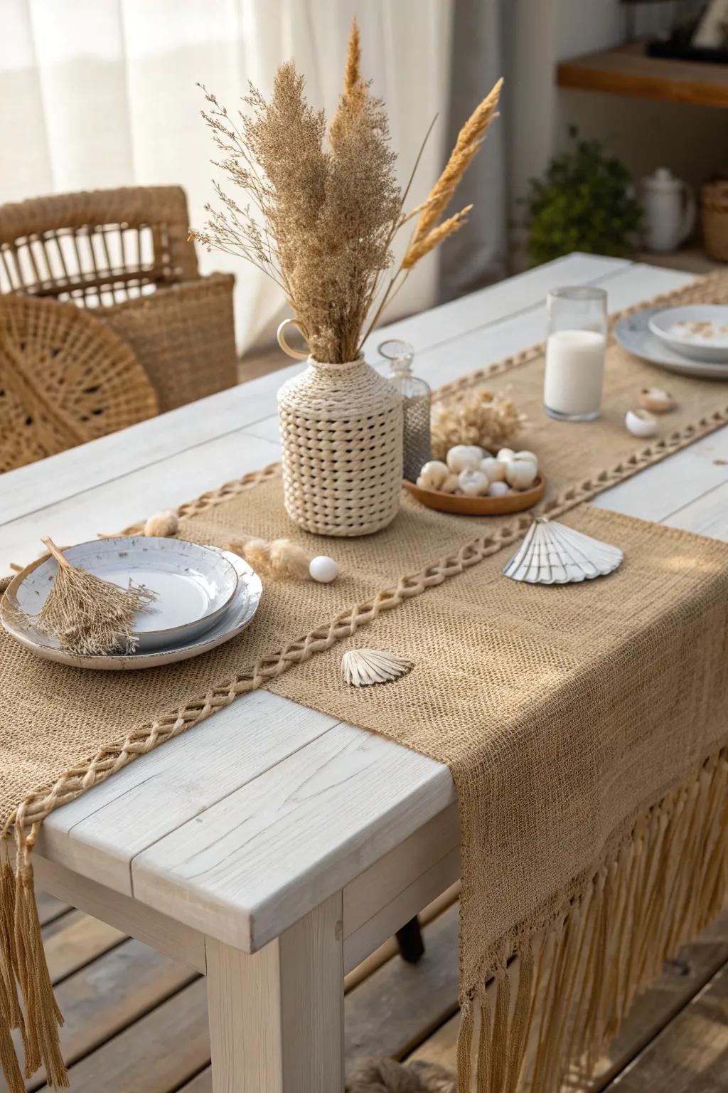 Evoke a welcoming shoreside atmosphere through a woven fiber and jute table adornment, exemplary for a minimalist shoreside-influenced table arrangement.