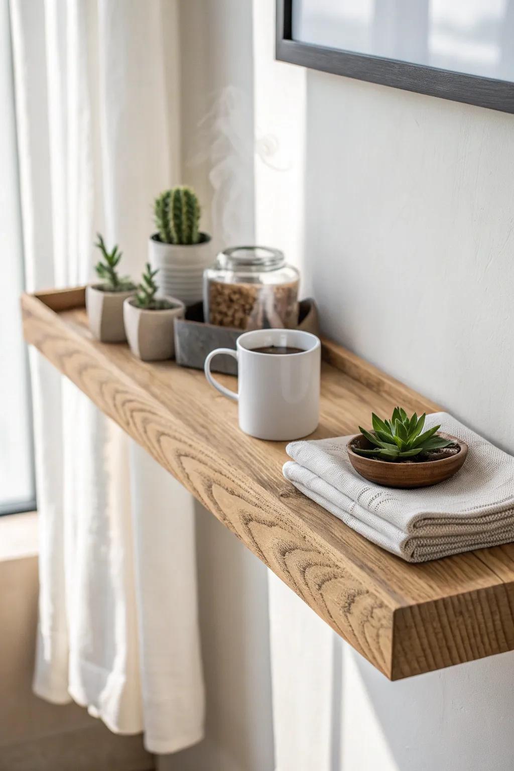 Start your days off right with a straightforward and stylish floating shelf breakfast bar. #ScandiBohoStyle #MinimalistLiving
