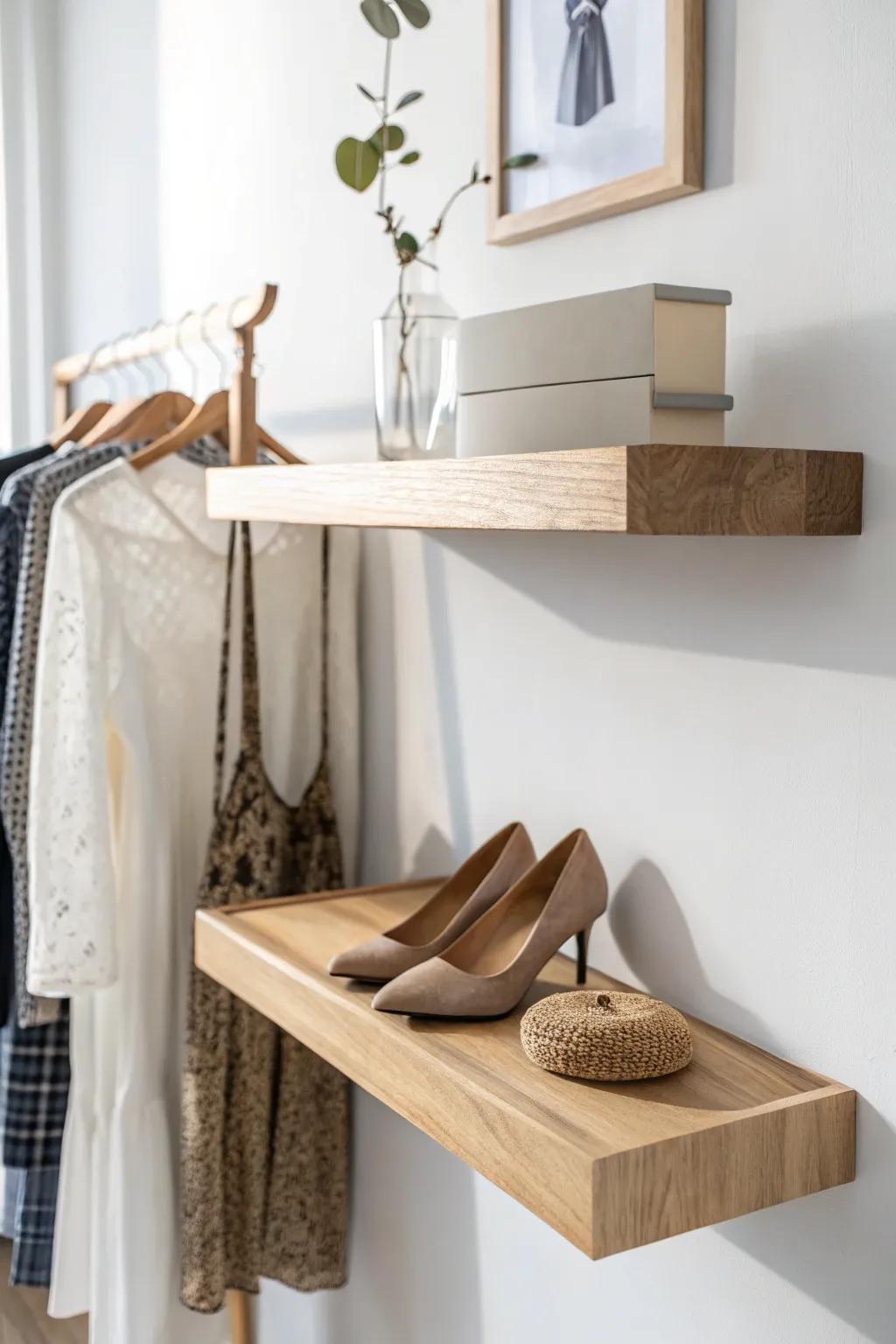 Enhance your shoe storage with trendy wall-mounted display ledges! 🌿✨ #MinimalistCloset