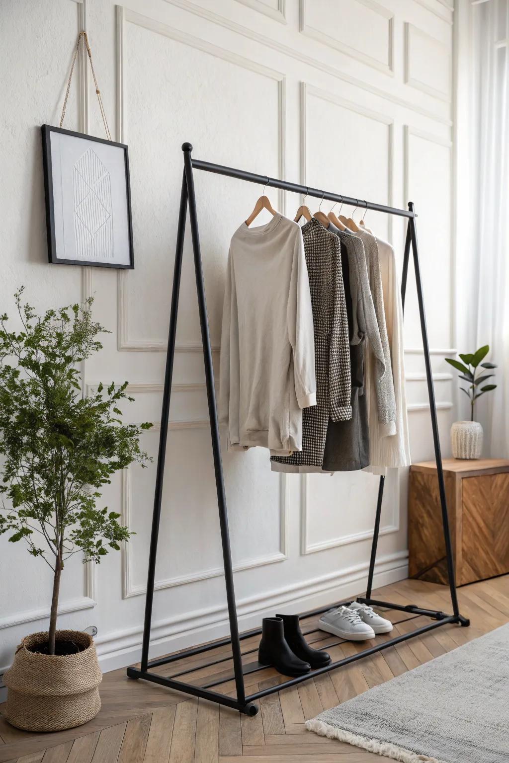 Enhance your abode with this chic and uncluttered metallic tube garment stand – a convergence of contemporary grace and natural simplicity.