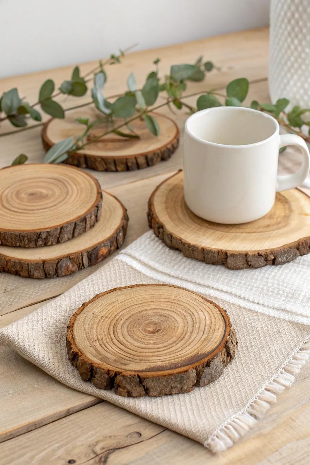 Wooden Roundel Wonders: Enhance your table arrangement with these DIY countryside coasters. Beautiful in their natural simplicity.