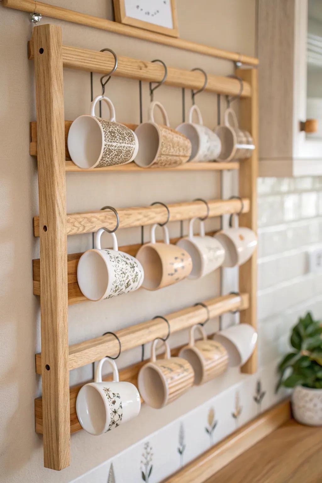 Enhance your culinary area with this minimalist do-it-yourself java mug display, blending practicality with Scandinavian appeal.