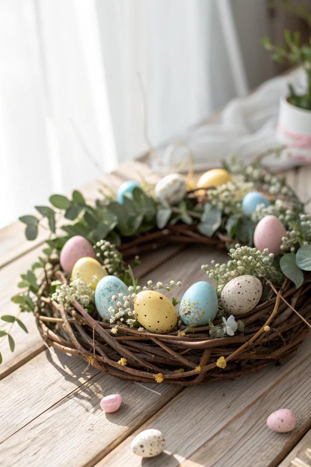Accentuate your Easter feast with an enchanting wreath centerpiece, harmonizing Scandinavian simplicity with a bohemian flair.