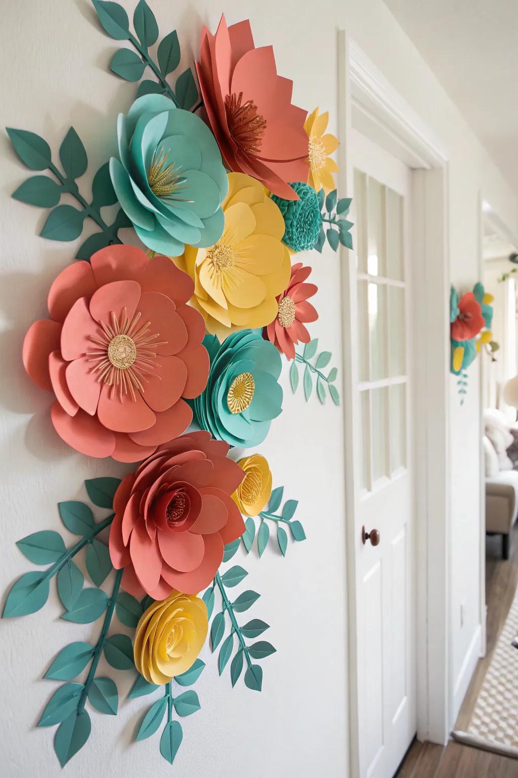 Enhance your living space with vibrant DIY paper flower wall art, a blend of Scandinavian simplicity and bohemian flair.