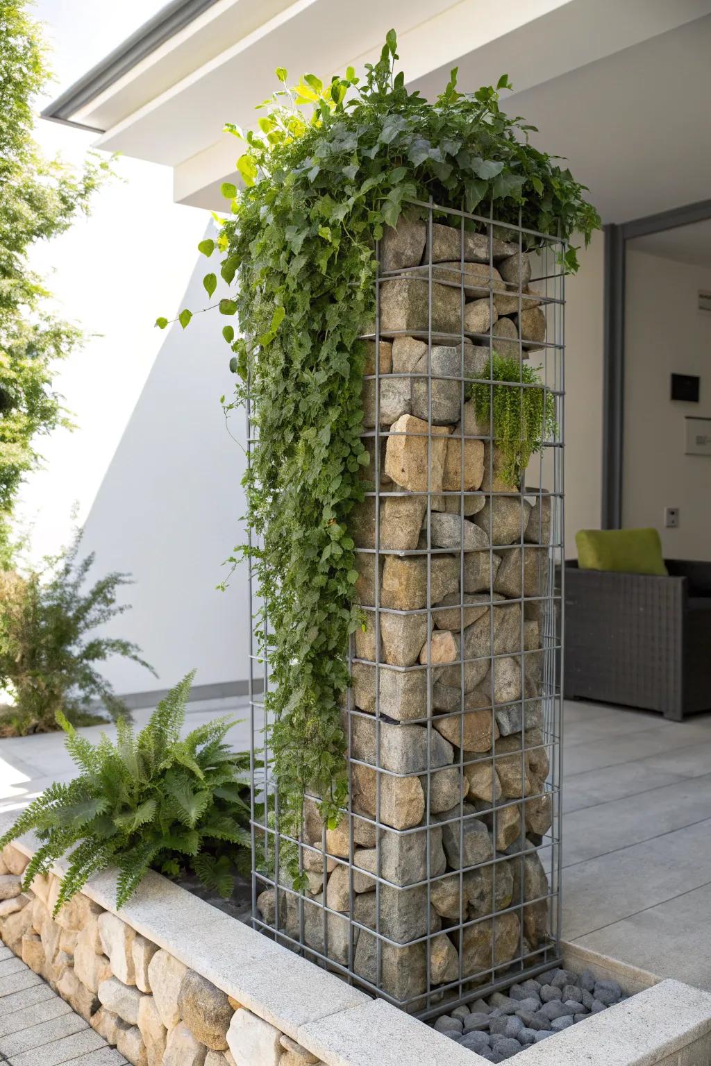 Amplify your outdoor sanctuary with an artisanal vertical gabion tower planter, where the artistry of man intertwines with nature's grace.
