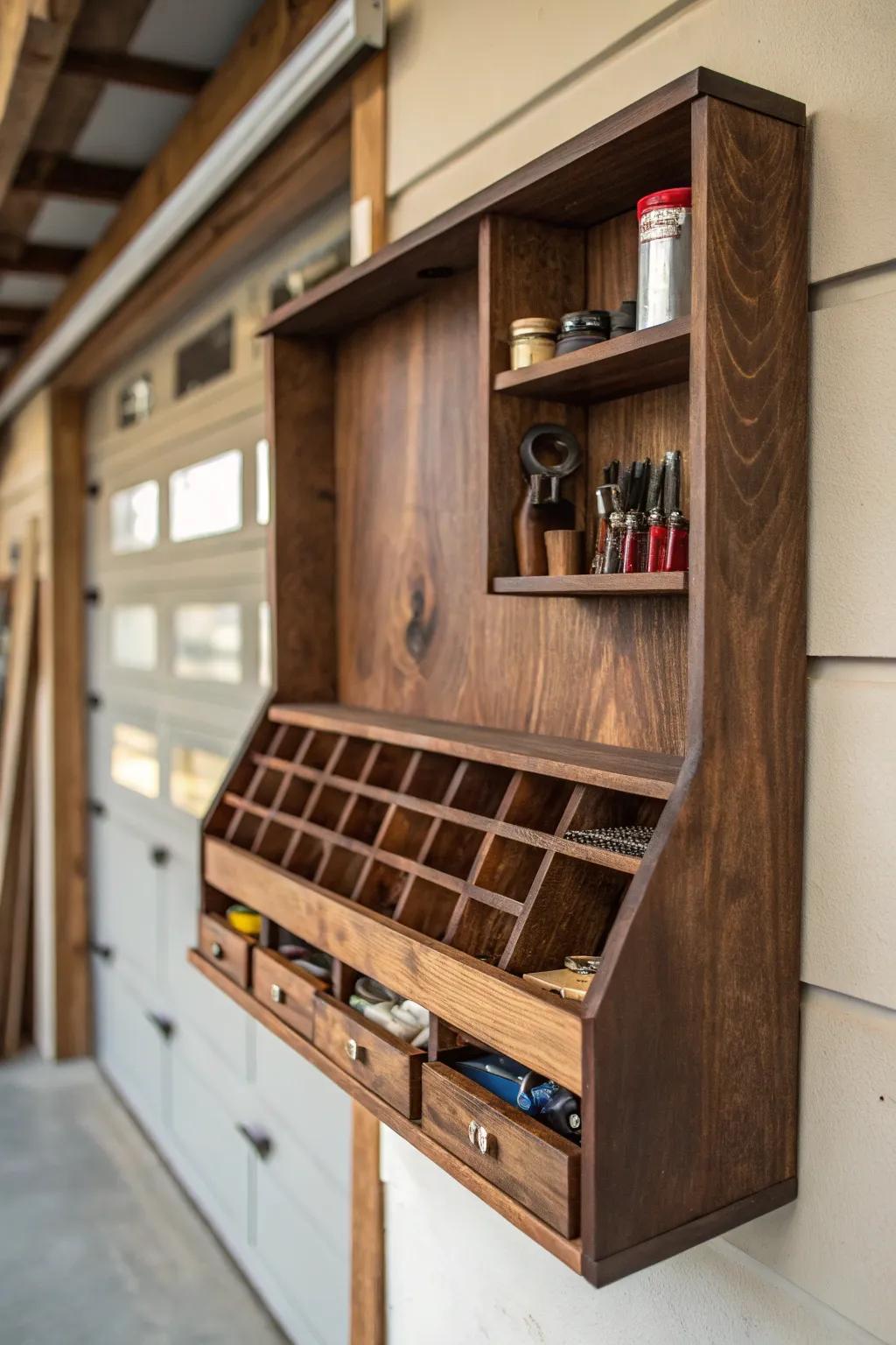 Boost your garage's arrangement through meticulously crafted wall-mounted shelves that merge utility with artistry.