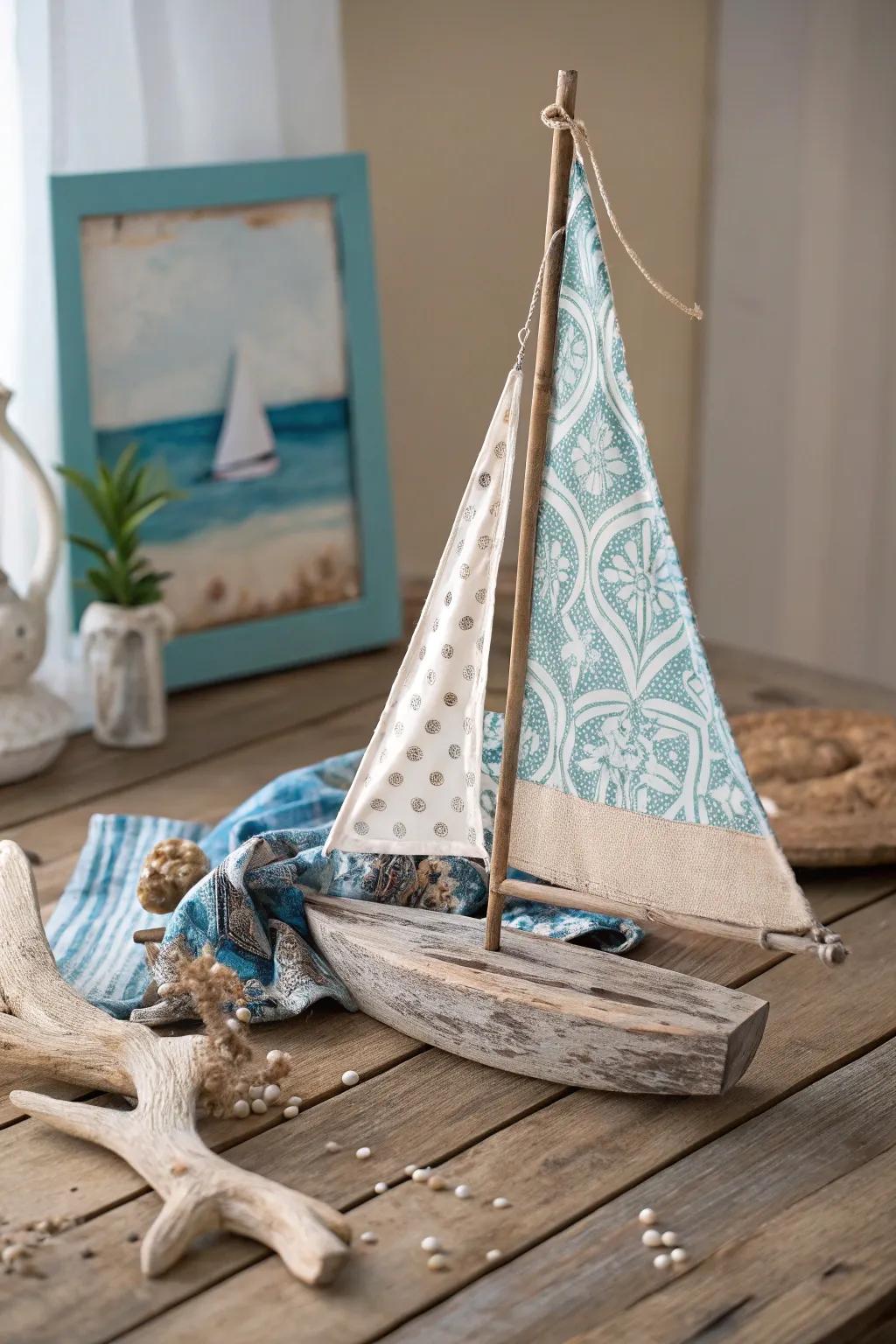 Set sail on a creative voyage with handmade driftwood sailboats, encapsulating the soul of the sea.