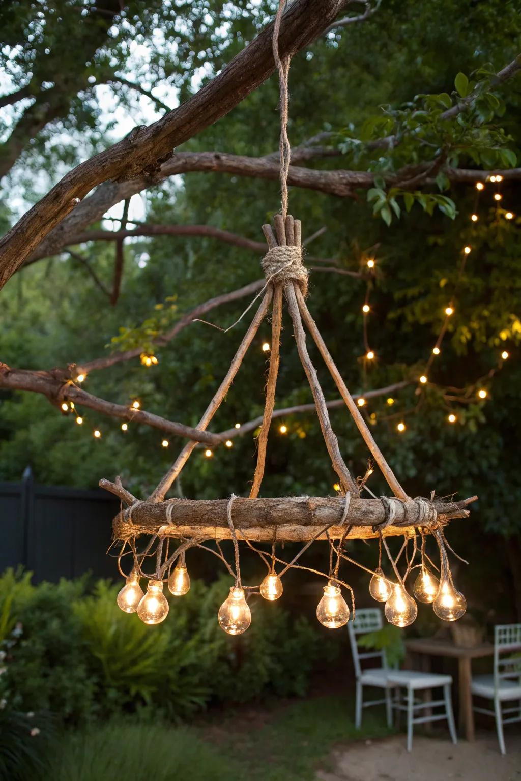 Light up your outdoor space with nature's grace: an earthy branch chandelier that fascinates with its straightforward, handcrafted appeal.