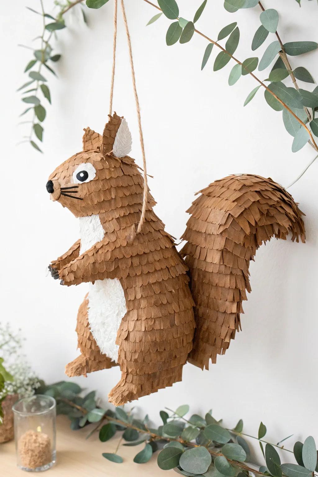 A whimsical woodland wonder: a handcrafted squirrel piñata adding charm to any celebration.