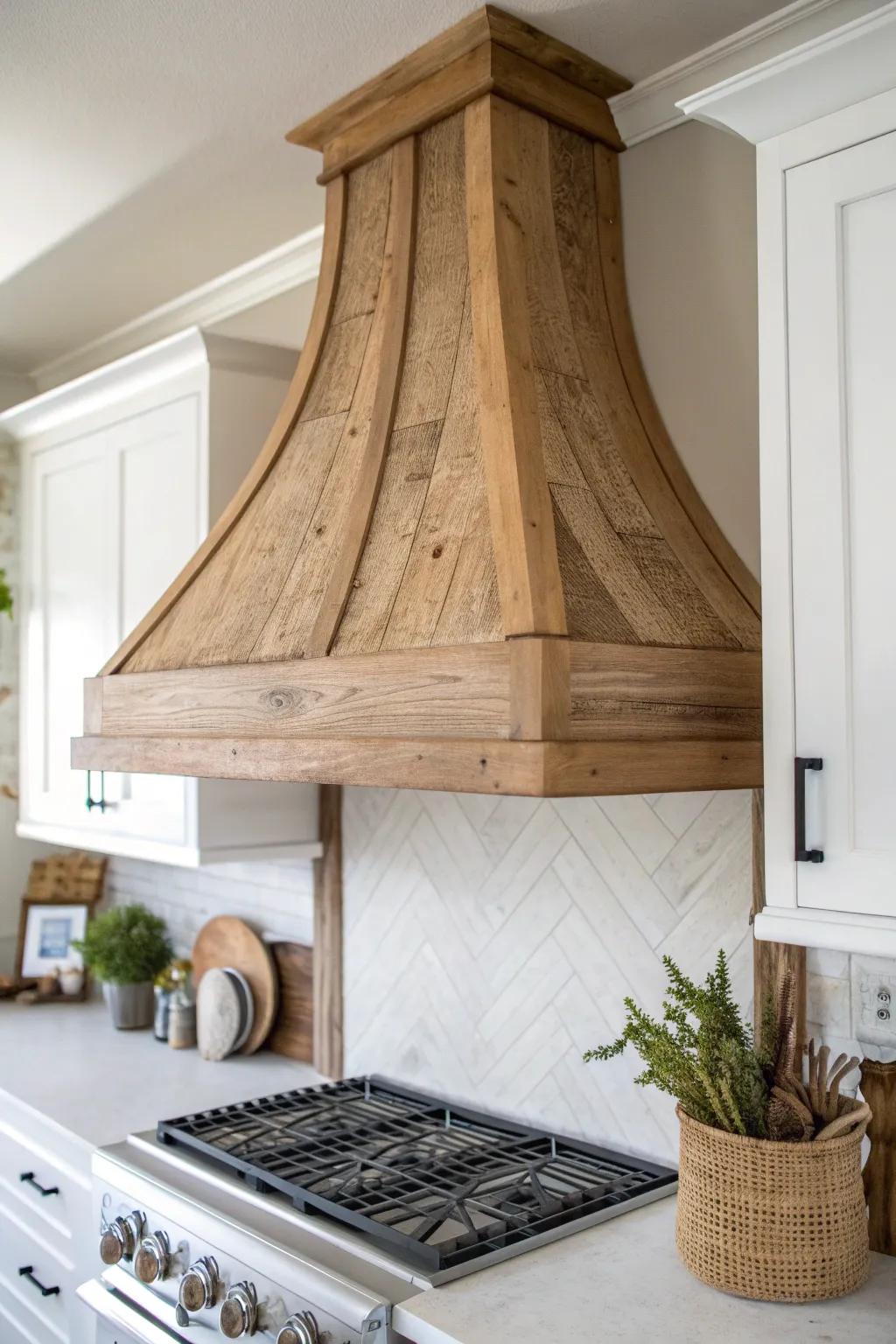 Revel in the ageless sophistication of a classic wooden range hood cover, where countryside allure embraces minimalist aesthetics.