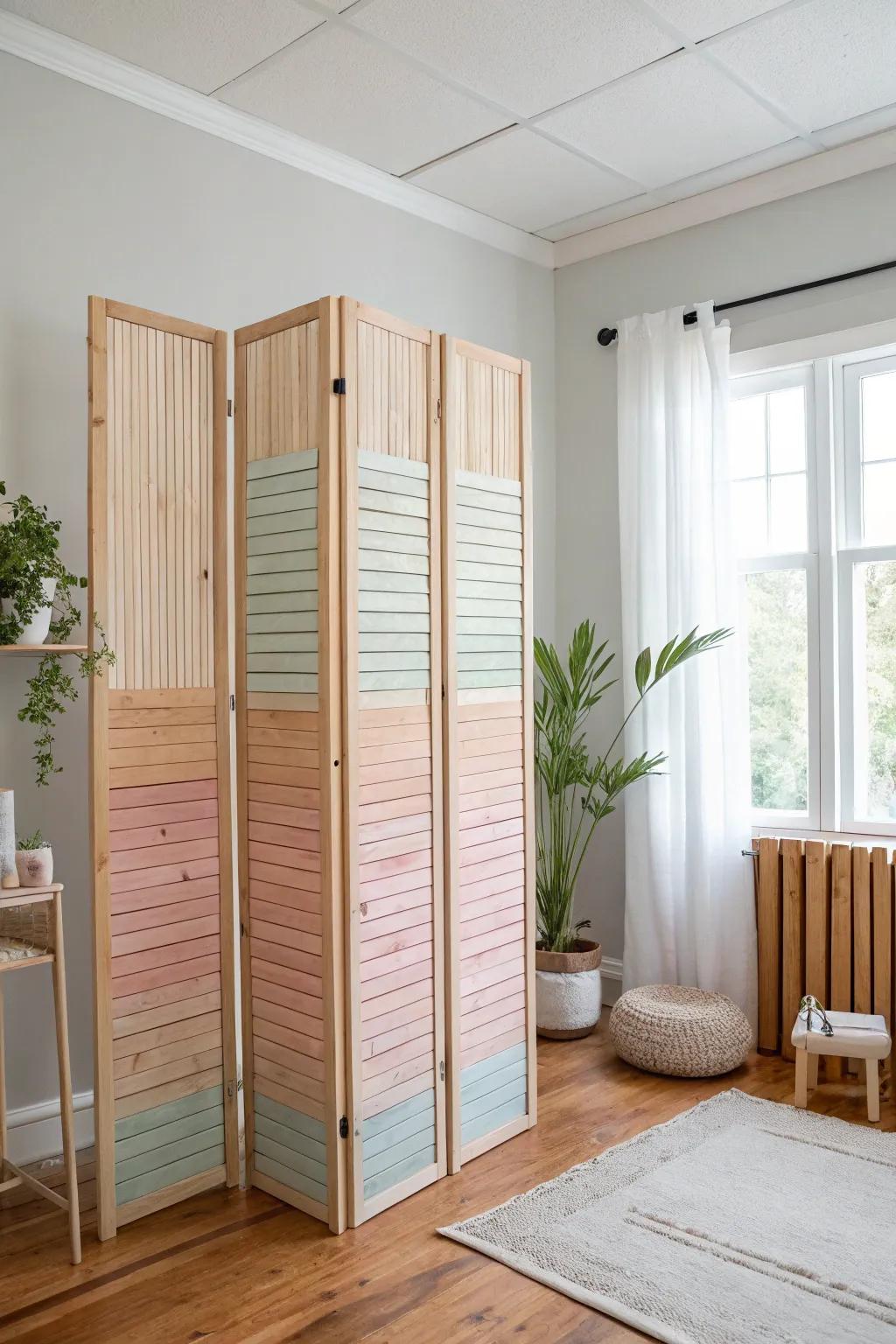 Infuse an artistic touch into your area with a fading timber length room divider—blending Scandinavian simplicity with Boho sophistication.